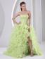High Slit Beaded and Ruffled Yellow Green Brush Train Dama Dresses for Quinceanera Satin and Organza