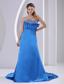 Sky Blue A-line Sweetheart Beaded Modest Dress With Court Train Satin