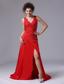Chiffon Beading Brush/Sweep V-neck Red 2013 Prom Celebrity Dress
