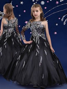 Customized Black Zipper Little Girl Pageant Gowns Beading and Ruffles Sleeveless Floor Length