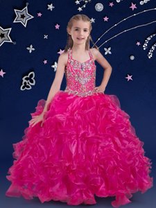 Low Price Halter Top Fuchsia Organza Lace Up Little Girls Pageant Dress Wholesale Sleeveless Floor Length Beading and Ruffles