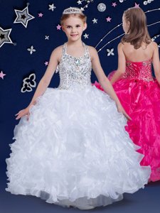 Admirable Halter Top White Ball Gowns Beading and Ruffles Little Girl Pageant Gowns Lace Up Organza Sleeveless Floor Length