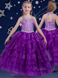 Most Popular Halter Top Eggplant Purple Sleeveless Beading and Ruffled Layers Floor Length Little Girls Pageant Dress Wholesale