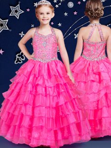 Elegant Halter Top Sleeveless Little Girl Pageant Gowns Floor Length Beading and Ruffled Layers Hot Pink Organza