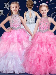 Modern White and Pink And White Ball Gowns Organza Halter Top Sleeveless Beading and Ruffles Floor Length Zipper Little Girl Pageant Gowns