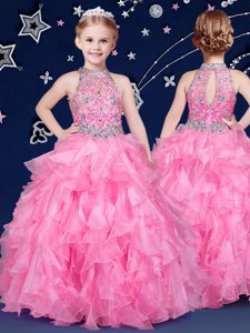 Classical Halter Top Rose Pink Sleeveless Organza Zipper Girls Pageant Dresses for Quinceanera and Wedding Party