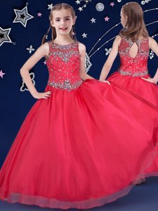 Super Scoop Red Zipper Pageant Gowns For Girls Beading Sleeveless Floor Length