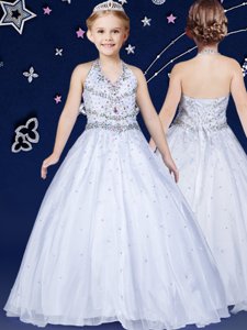 Hot Sale White Halter Top Lace Up Beading Toddler Flower Girl Dress Sleeveless