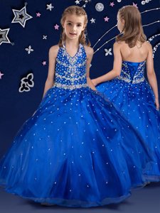 Modern Halter Top Royal Blue Organza Lace Up Little Girls Pageant Gowns Sleeveless Floor Length Beading
