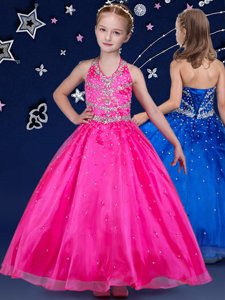 Graceful Halter Top Organza Sleeveless Floor Length Pageant Gowns For Girls and Beading