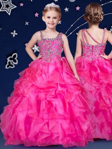 Attractive Hot Pink Sleeveless Organza Zipper Little Girl Pageant Dress for Quinceanera and Wedding Party