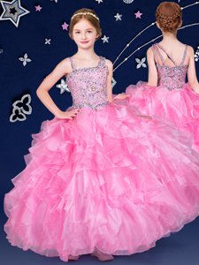 High Class Rose Pink Ball Gowns Asymmetric Sleeveless Organza Floor Length Zipper Beading and Ruffles Child Pageant Dress