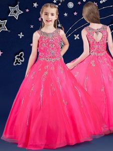 Discount Hot Pink A-line Organza Scoop Sleeveless Beading Floor Length Zipper Little Girls Pageant Dress
