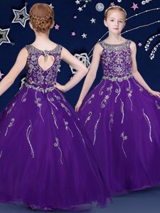 Affordable Purple Lace Up Scoop Beading Little Girl Pageant Gowns Organza Sleeveless