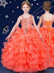Lovely Orange Kids Formal Wear Quinceanera and Wedding Party and For with Beading and Ruffled Layers Asymmetric Sleeveless Lace Up