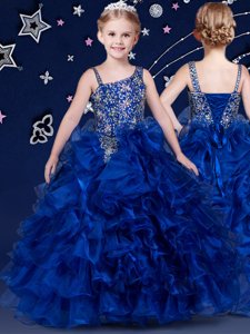 Royal Blue Lace Up Little Girls Pageant Dress Wholesale Beading and Ruffled Layers Sleeveless Floor Length