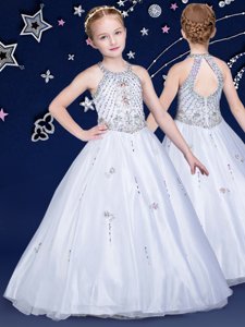 Customized Halter Top Floor Length White Little Girl Pageant Dress Organza Sleeveless Beading