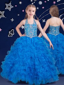 Inexpensive Baby Blue Halter Top Neckline Beading and Ruffles Pageant Gowns For Girls Sleeveless Zipper