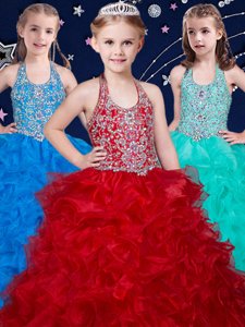 High Quality Halter Top Organza Sleeveless Floor Length Little Girl Pageant Gowns and Beading and Ruffles