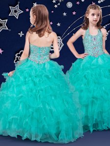 Popular Halter Top Sleeveless Floor Length Beading and Ruffles Zipper Little Girls Pageant Dress Wholesale with Turquoise