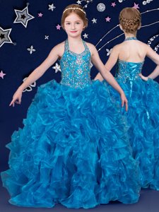 Affordable Halter Top Sleeveless Organza Kids Pageant Dress Beading and Ruffles Lace Up