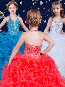 Best White and Coral Red and Blue Organza Lace Up Halter Top Sleeveless Floor Length Kids Formal Wear Beading and Ruffles