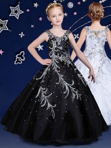 Excellent Scoop Black Ball Gowns Beading Little Girl Pageant Gowns Zipper Organza Sleeveless Floor Length