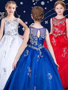 Cute Scoop Sleeveless Organza Floor Length Zipper Little Girls Pageant Dress in White and Red and Royal Blue for with Beading