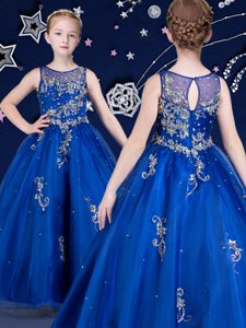 Gorgeous Royal Blue Zipper Scoop Beading and Appliques Little Girl Pageant Dress Organza Sleeveless