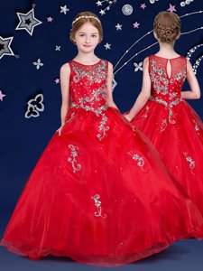 Custom Fit Scoop Sleeveless Floor Length Beading and Appliques Zipper Child Pageant Dress with Red