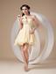 Light Yellow A-line Strapless Mini-length Organza Beading Prom Dress