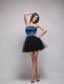 Navy Blue and Black A-Line / Princess Strapless Mini-length Taffeta and Organza Rhinestone Prom Dres