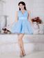 Aqua Blue Princess V-neck Mini-length Organza Pleat Prom / Homecoming Dress