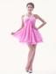 Rose Pink A-line / Princess Beading Prom Dress One Shoulder Mini-length Organza