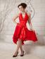 Red Empire Halter Tea-length Chiffon Ruch Prom Dress