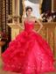 Coral Red Ball Gown Strapless Floor-length Embroidery Organza Quinceanera Dress