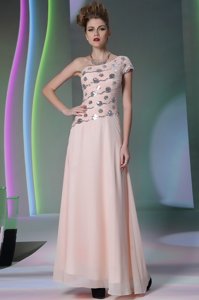 Fabulous One Shoulder Baby Pink and Peach Chiffon Side Zipper Prom Gown Cap Sleeves Floor Length Beading and Appliques