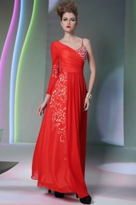 Beauteous Beading and Embroidery Prom Evening Gown Watermelon Red Side Zipper Long Sleeves Floor Length