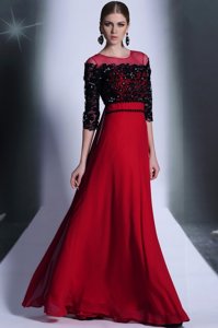 Glorious Scoop Floor Length Wine Red Evening Outfits Chiffon 3|4 Length Sleeve Beading and Appliques