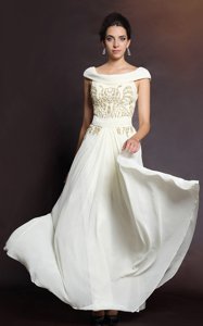 Graceful White Cap Sleeves Floor Length Beading Side Zipper Prom Evening Gown