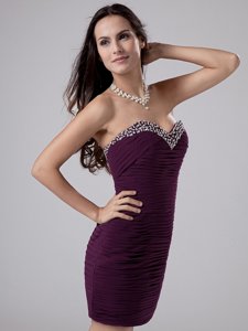 Exquisite Dark Purple Column/Sheath Chiffon Sweetheart Sleeveless Beading and Ruching Mini Length Zipper Prom Party Dress