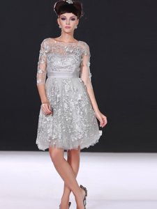 Custom Fit Bateau 3|4 Length Sleeve Dress for Prom Knee Length Beading and Lace Silver Chiffon