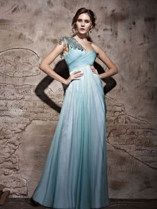 Edgy Empire Dress for Prom Light Blue One Shoulder Chiffon Sleeveless Floor Length Side Zipper