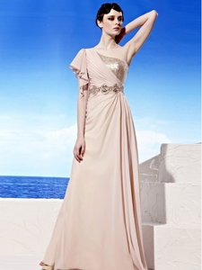 Elegant Sequins Floor Length Peach Prom Evening Gown One Shoulder Sleeveless Side Zipper