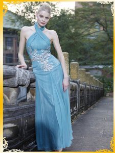 Discount Floor Length Baby Blue Prom Gown Halter Top Sleeveless Zipper