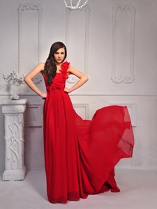 One Shoulder With Train Lace Up Junior Homecoming Dress Red and In for Prom and Party with Hand Made Flower Court Train