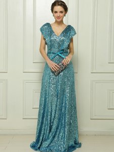 Sexy Sleeveless Floor Length Sequins and Bowknot Zipper Mother Of The Bride Dress with Teal