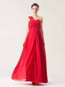 Hot Selling Red Column/Sheath Chiffon One Shoulder Sleeveless Ruching Floor Length Zipper Homecoming Dresses