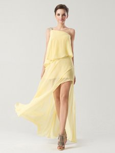 Extravagant One Shoulder Yellow Sleeveless Chiffon Zipper Hoco Dress for Prom and Party
