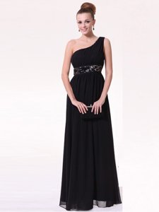 Sumptuous One Shoulder Black Sleeveless Beading Floor Length Prom Gown